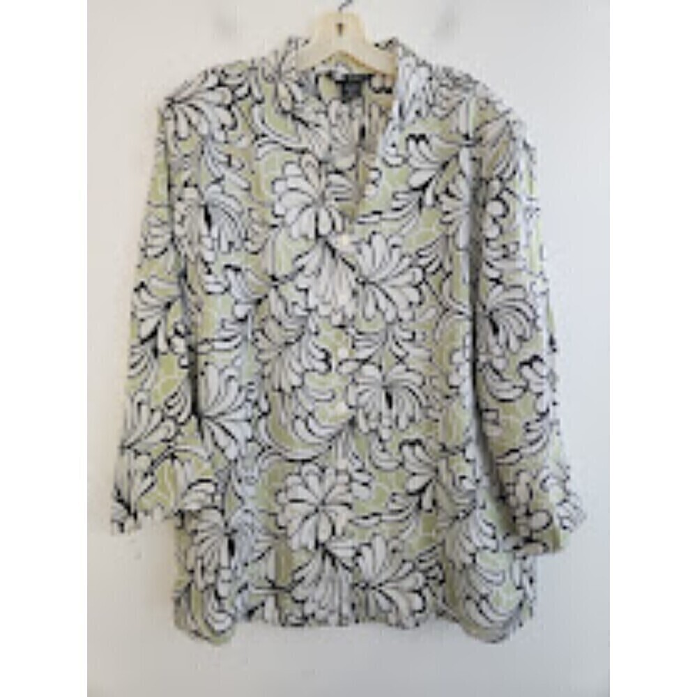 Carole Little White w/Black & Green Floral 100% Linen Button Up Shirt size 2X